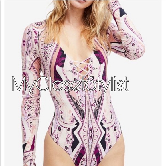 Free People Bodysuit NWT Pink Purple Paisley XS LS - Picture 2 of 4